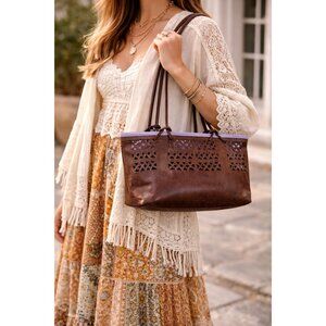 Beth Levine New York Brown Leather Tote Bag Cutout Design Shoulder Bag Boho Chic